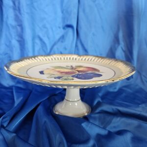 Vintage Porcelain Fruit Motif Pedestal Reticulated Cake Plate Gold Trim